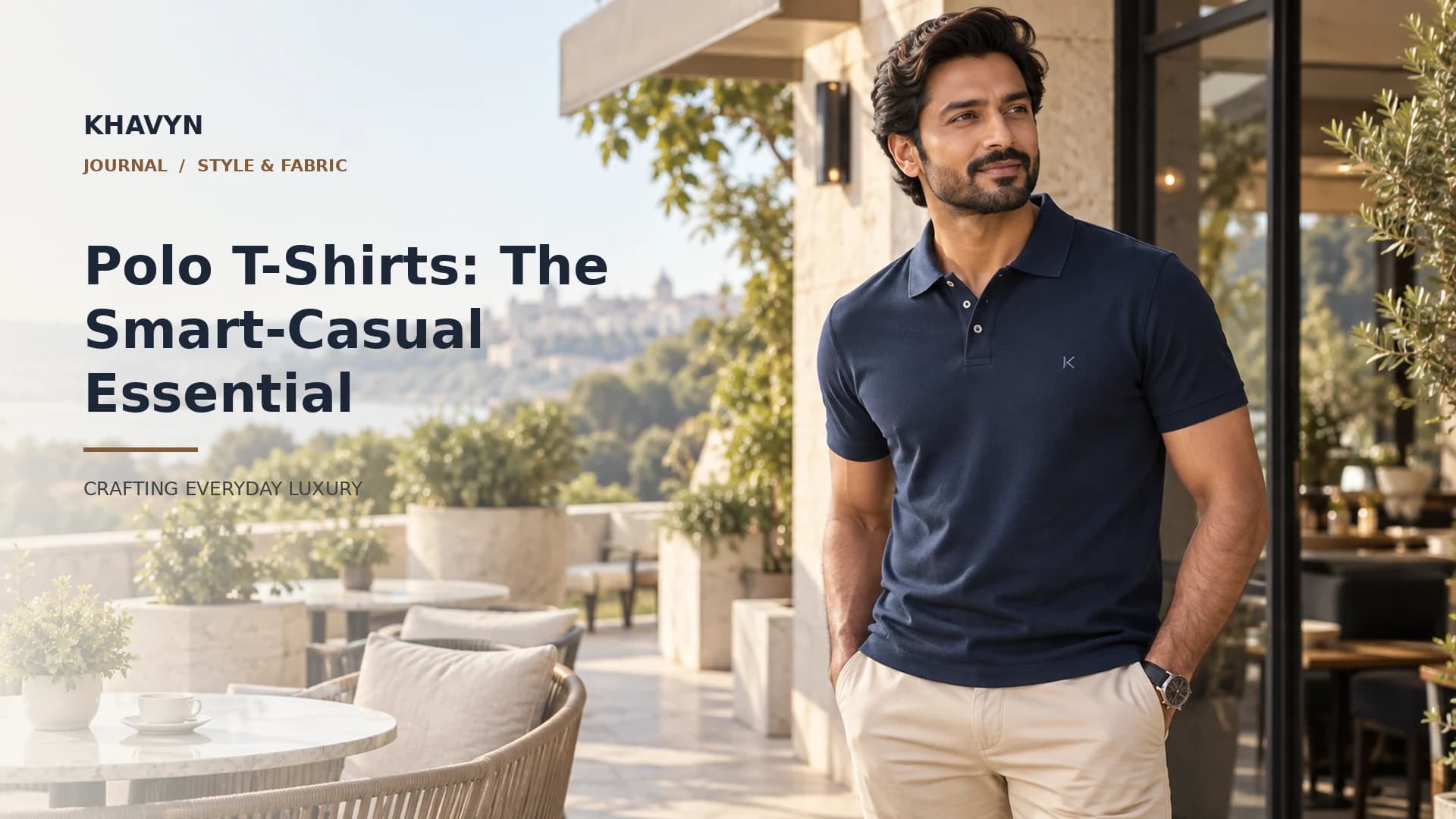 Premium KHAVYN polo T-shirt styled with smart casual trousers