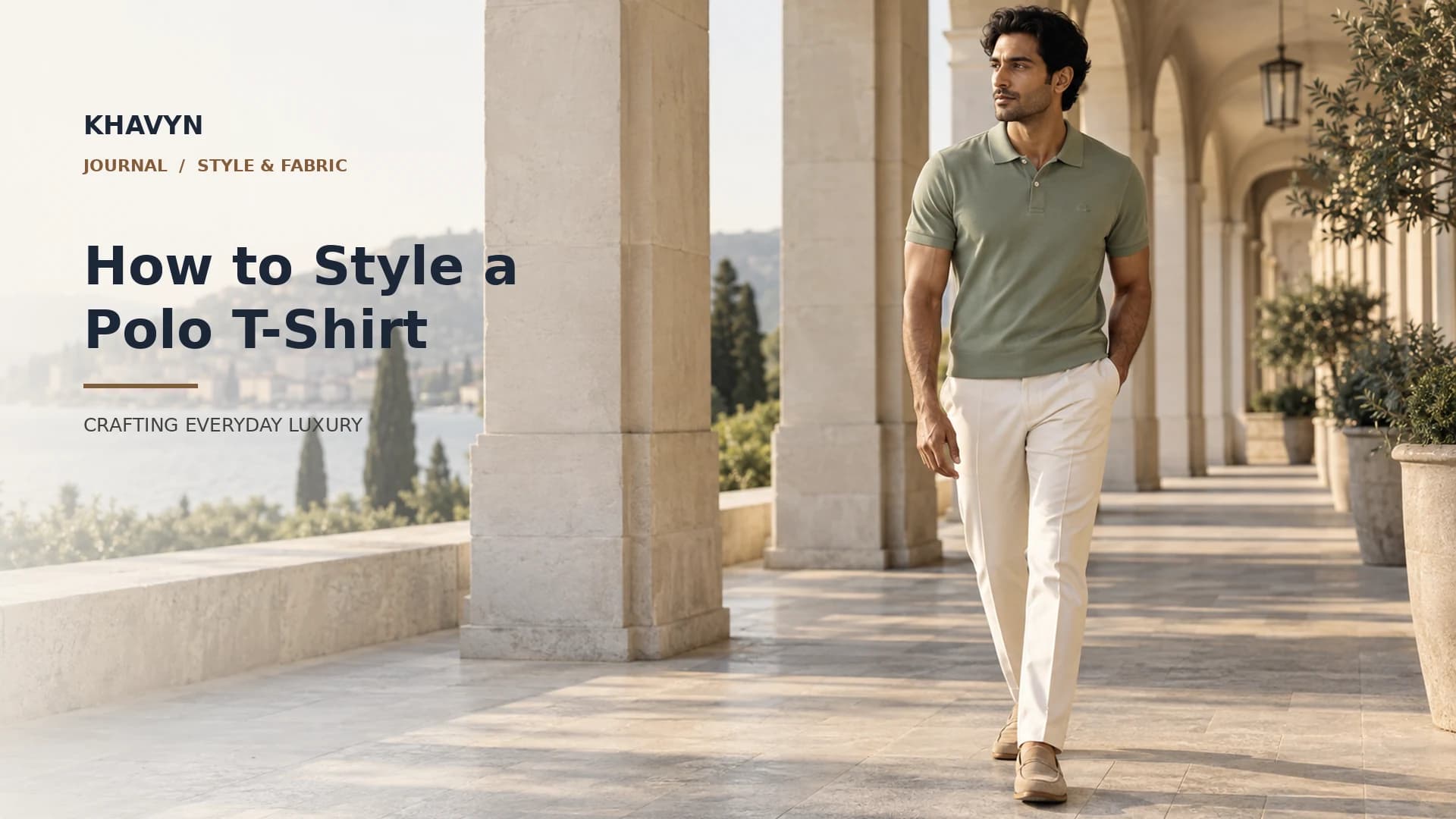 Premium KHAVYN polo T-shirt styled with smart casual trousers